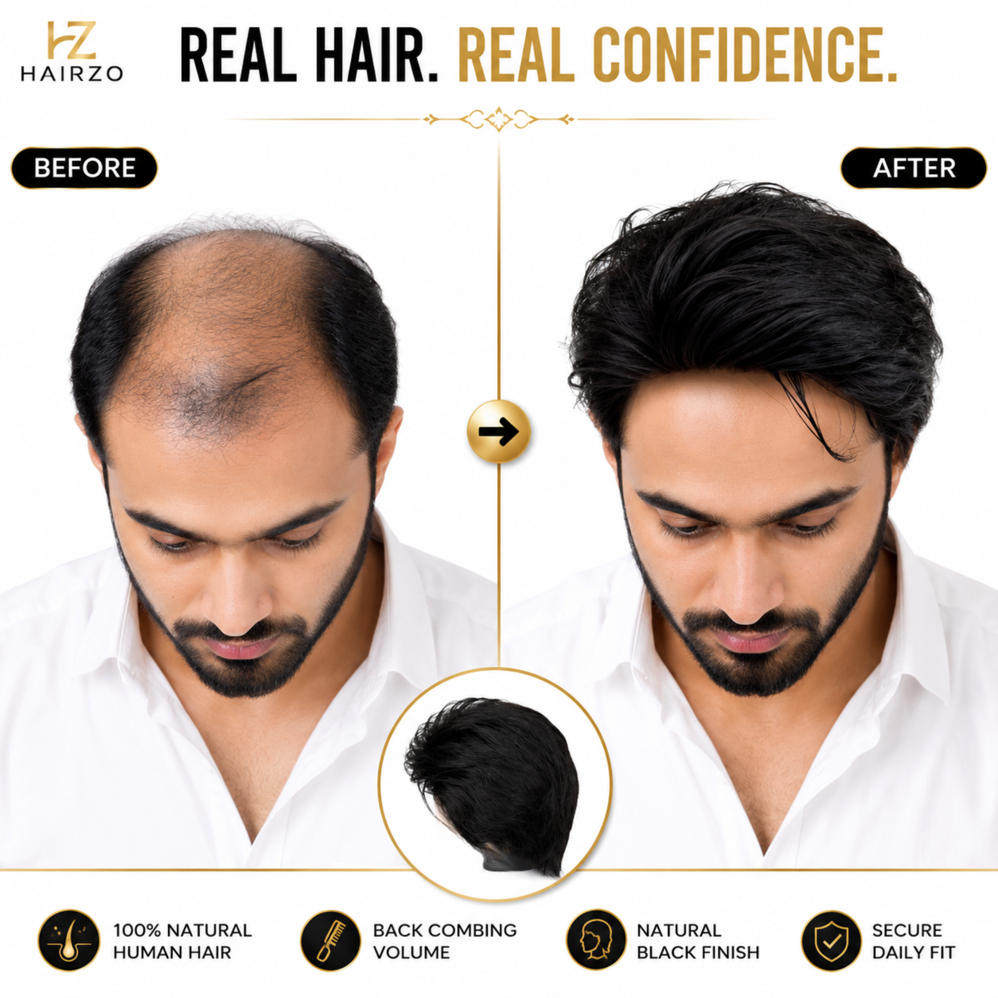 Hairzo Imported Back Combing Men's Full Wig | 100% Human Hair Full Wig for Men | Natural Looking Hair Replacement Wig with Adjustable Fit