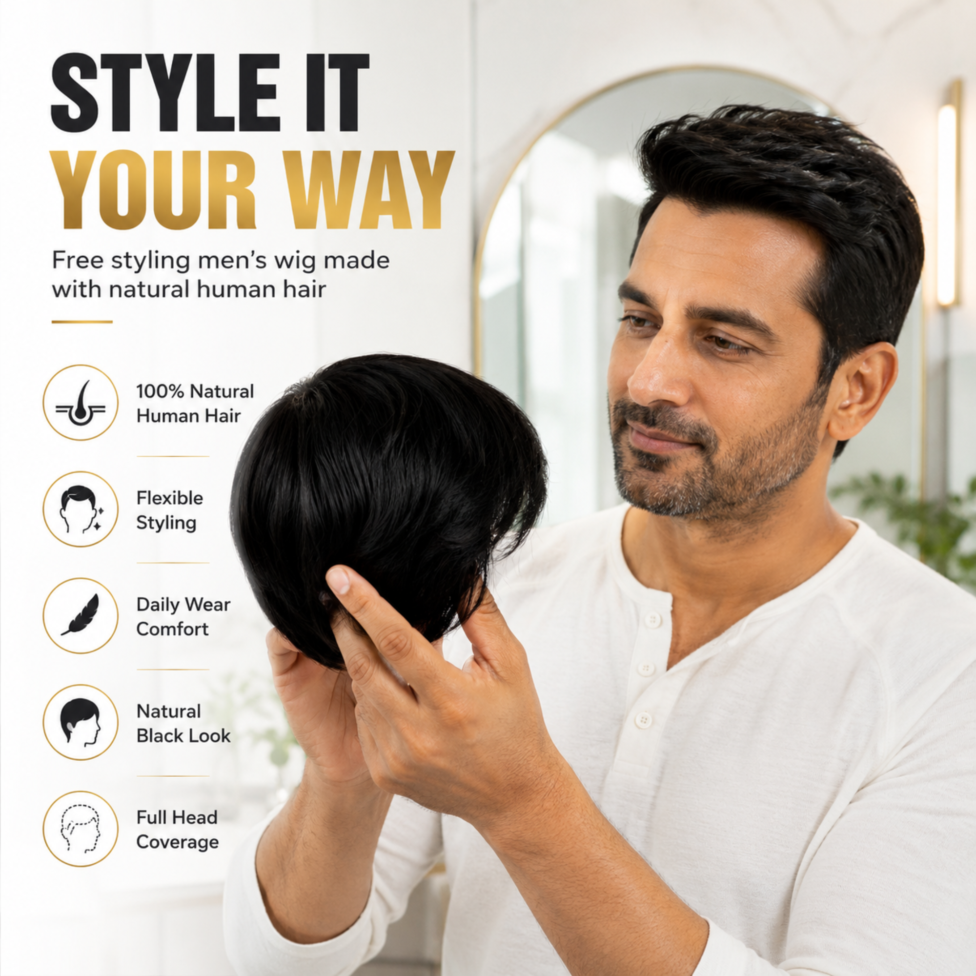 Hairzo Free Styling Men's Wig | 100% Human Hair Full Wig for Men | Natural Looking Hair Replacement Wig with Styling Freedom
