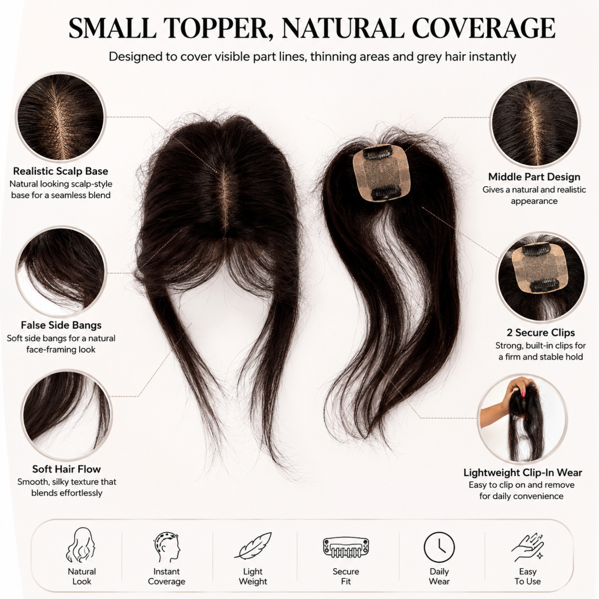 Hairzo Silk Base Hair Topper with Side Bangs | Clip-In Hair Topper for Thinning Hair, Grey Hair & Root Coverage | Natural Looking Hairpiece for Men & Women