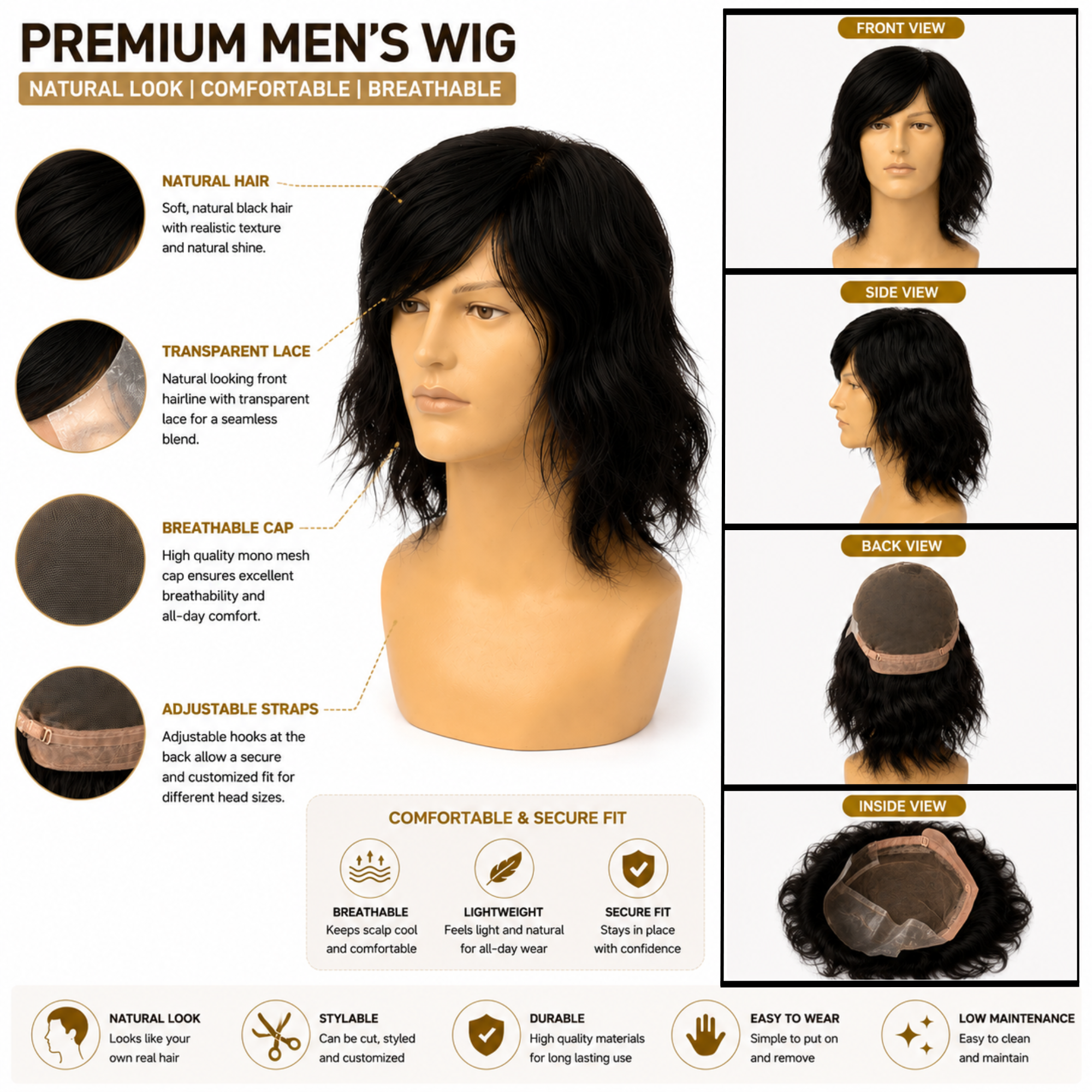 Hairzo Premium Front Lace Monofilament Hair wigs for Men | 100% Indian Remy Human Hair Toupee with Fine Mono Net & PU Coated Base