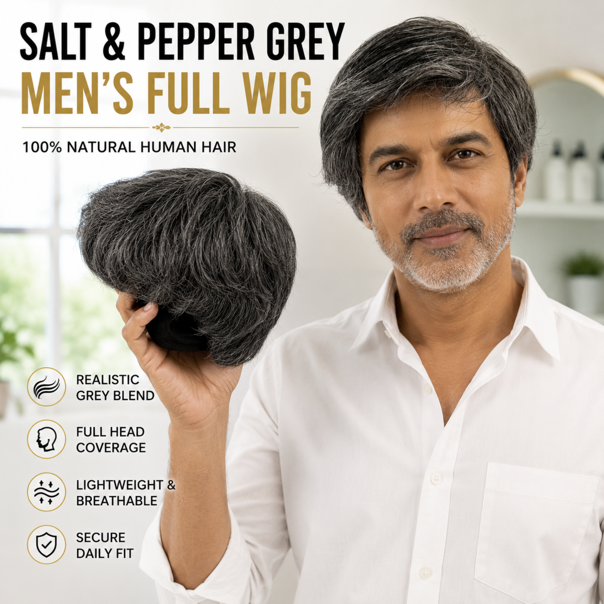 Hairzo Salt & Pepper Grey Men's Full Wig | 100% Human Hair Full Wig for Men | Natural Grey Blend Hair Replacement Wig with Adjustable Fit