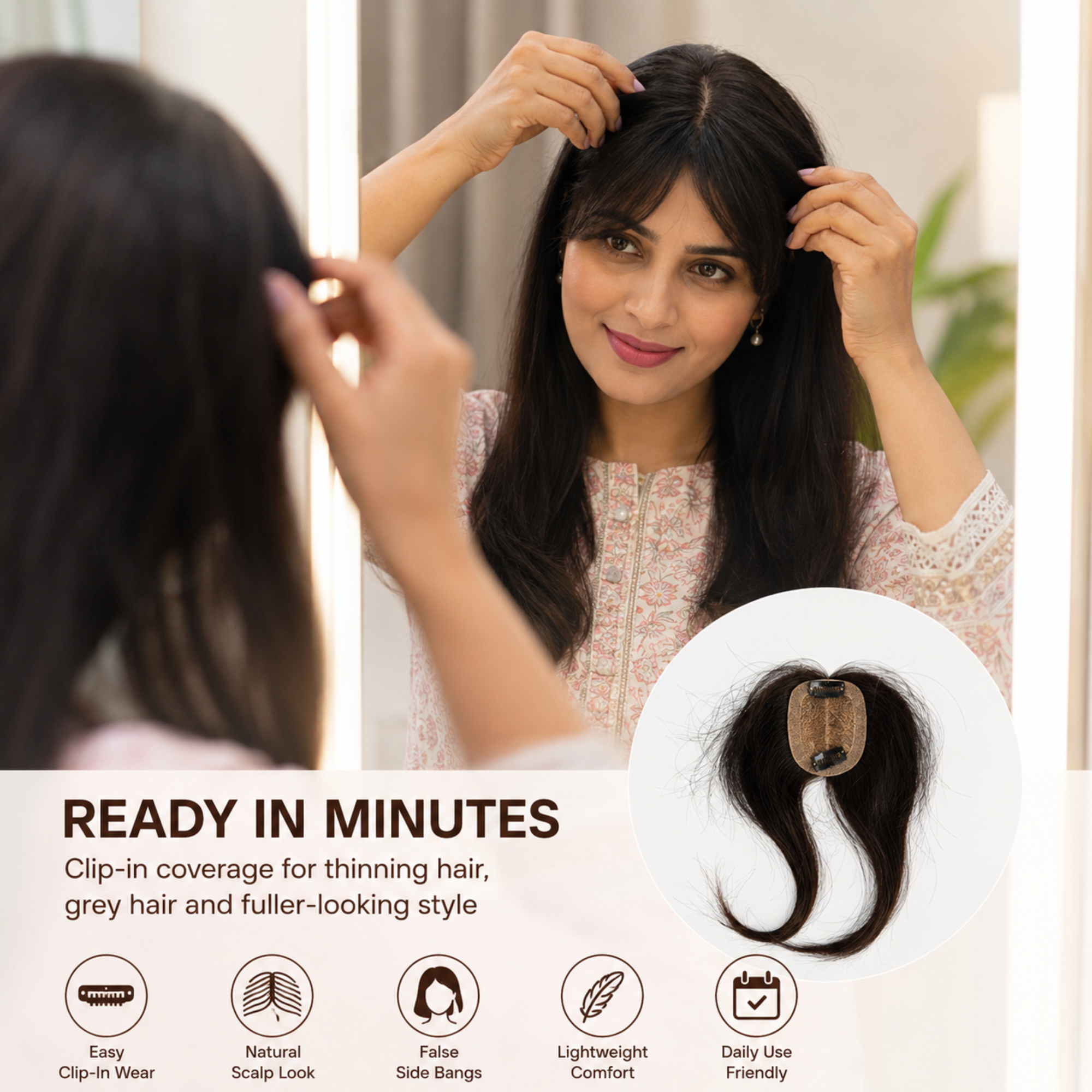 Hairzo Silk Base Hair Topper with Side Bangs | Clip-In Hair Topper for Thinning Hair, Grey Hair & Root Coverage | Natural Looking Hairpiece for Men & Women