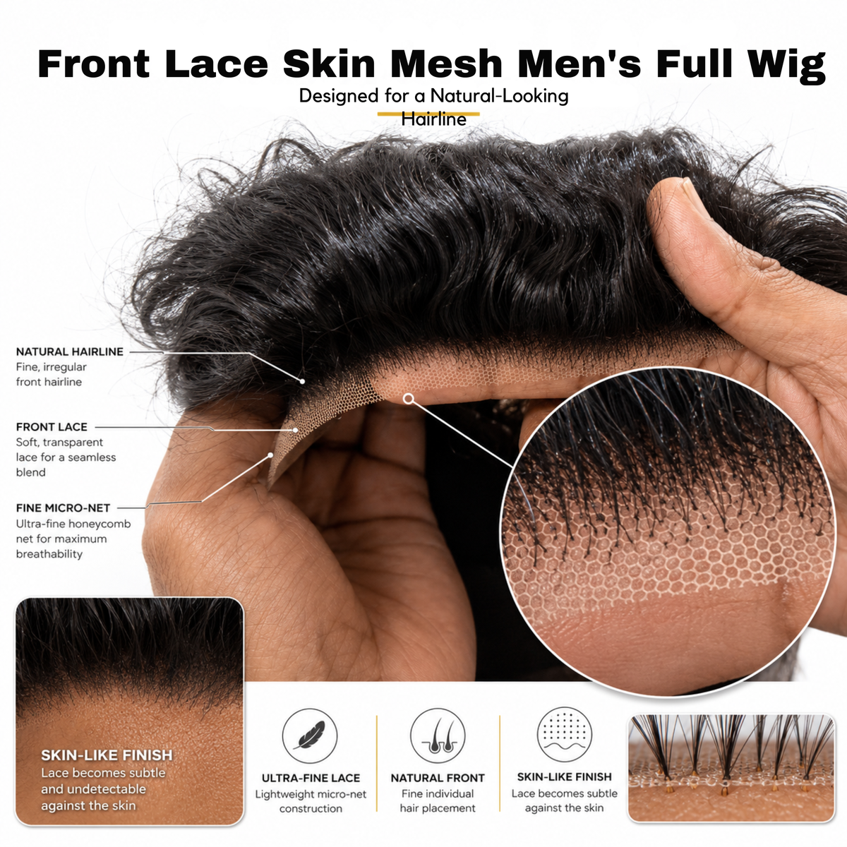 Hairzo Front Lace Skin Mesh Men's Full Wig | 100% Indian Remy Human Hair Wig with Adjustable Band | Breathable Full Coverage Hair Replacement System for Men