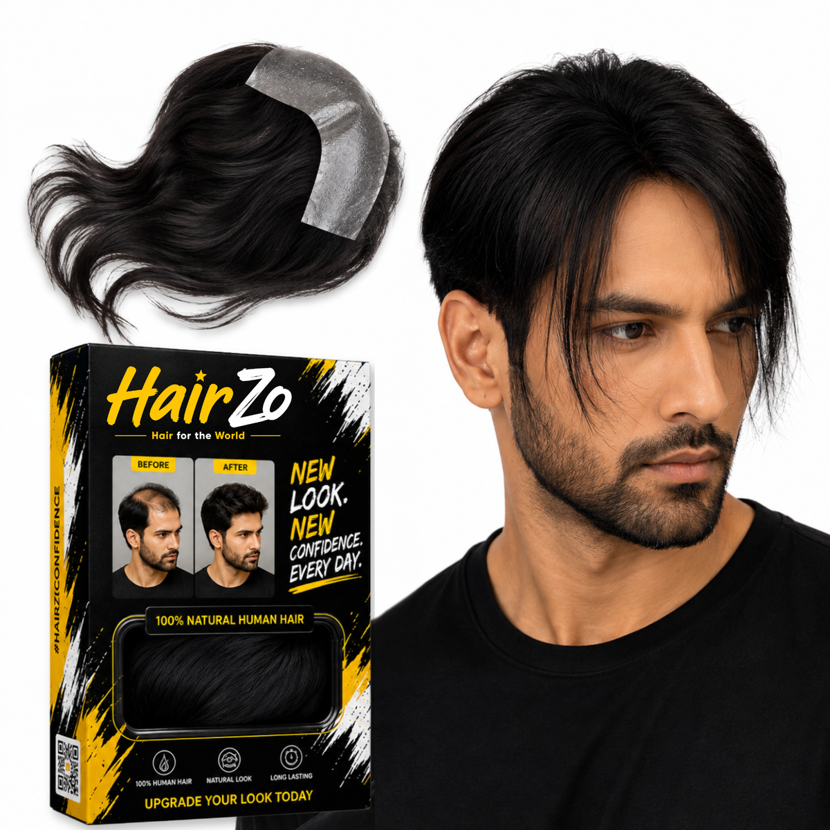 Hairzo Men’s Frontal Forehead Hair Topper Patch | Indian Human Hair Thin Skin PU Toupee for Receding Hairline | Natural V Loop Hair Replacement System for Men