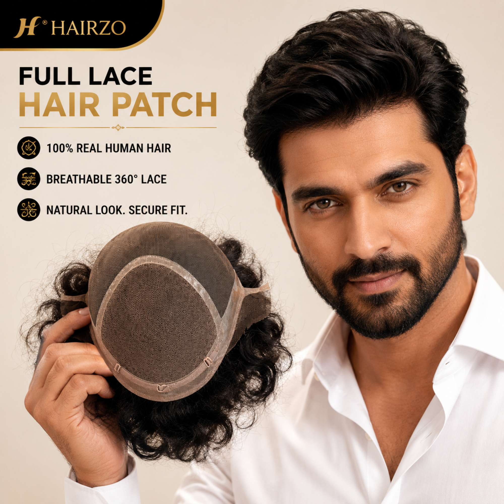 Hairzo Full Lace Skin Mesh Men's Full Wig | 100% Indian Remy Human Hair Wig with Adjustable Band | Breathable Full Coverage Hair Replacement System for Men