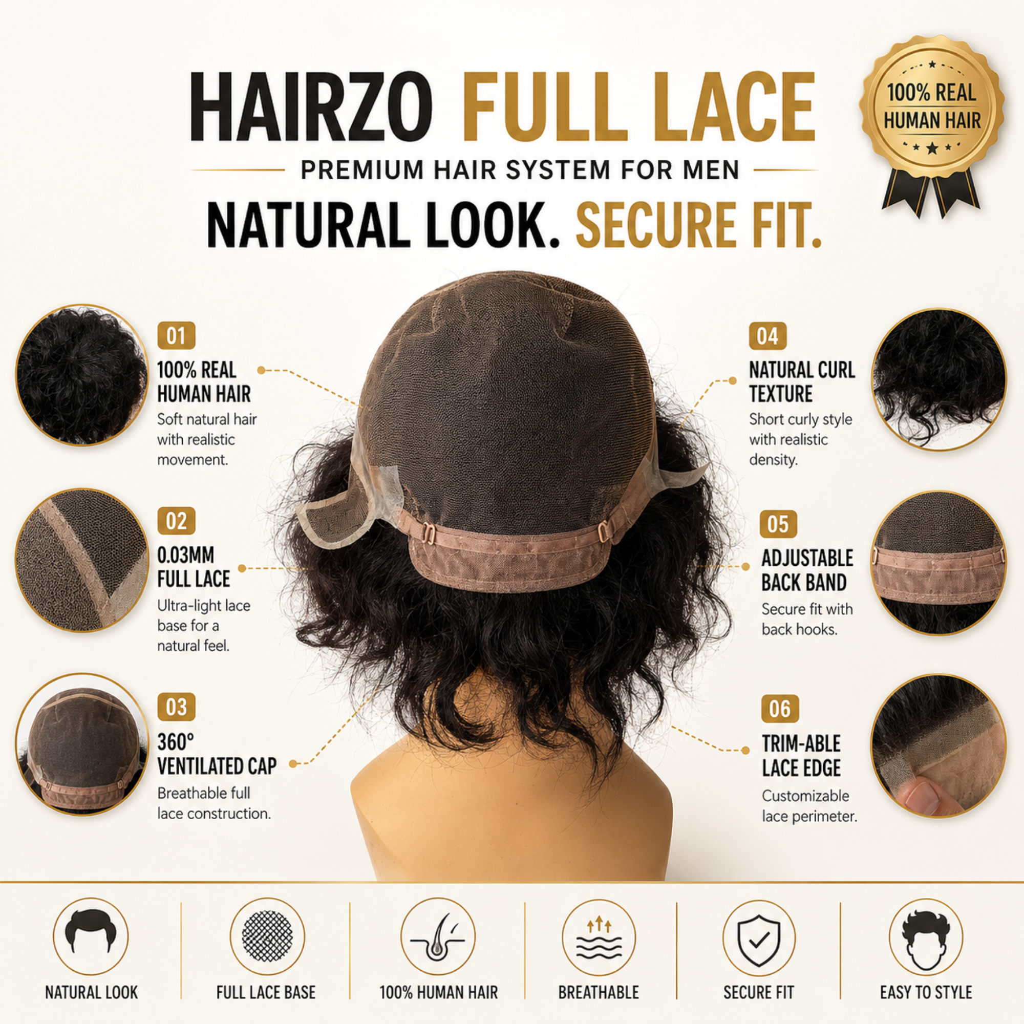 Hairzo Full Lace Skin Mesh Men's Full Wig | 100% Indian Remy Human Hair Wig with Adjustable Band | Breathable Full Coverage Hair Replacement System for Men