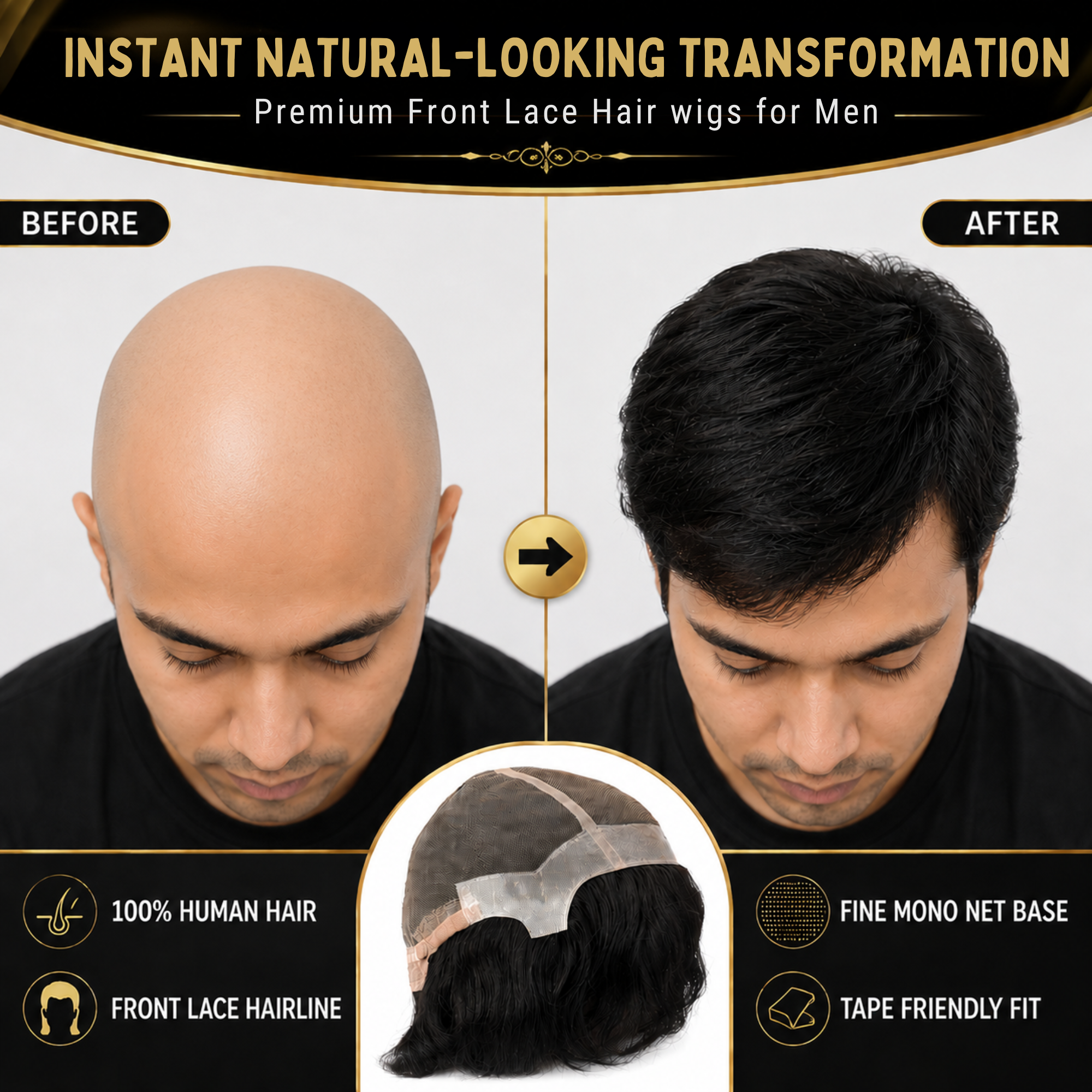Hairzo Premium Front Lace Monofilament Hair wigs for Men | 100% Indian Remy Human Hair Toupee with Fine Mono Net & PU Coated Base