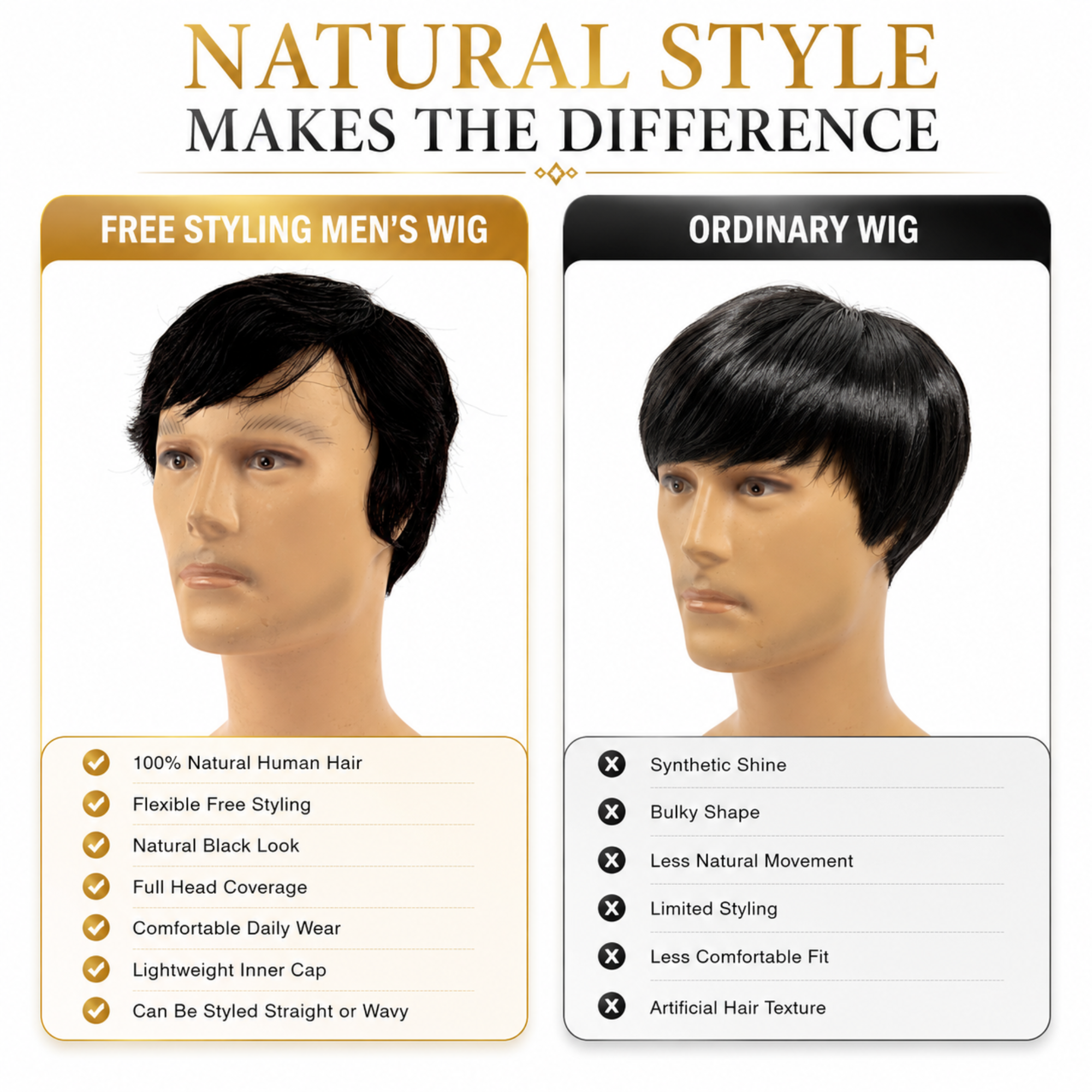 Hairzo Free Styling Men's Wig | 100% Human Hair Full Wig for Men | Natural Looking Hair Replacement Wig with Styling Freedom