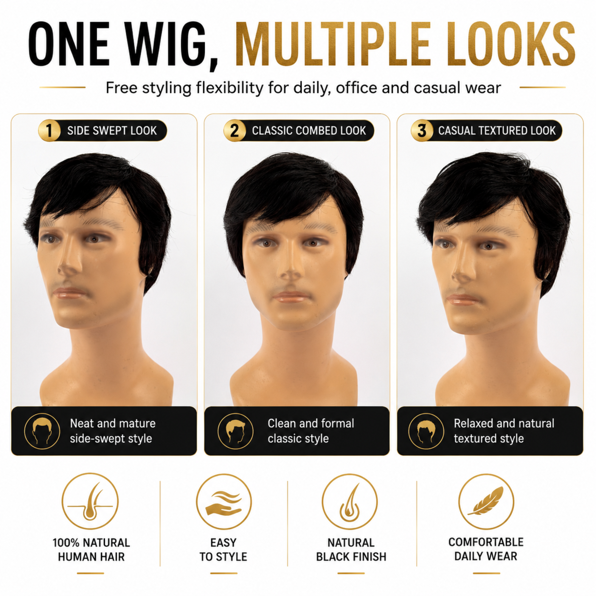 Hairzo Free Styling Men's Wig | 100% Human Hair Full Wig for Men | Natural Looking Hair Replacement Wig with Styling Freedom