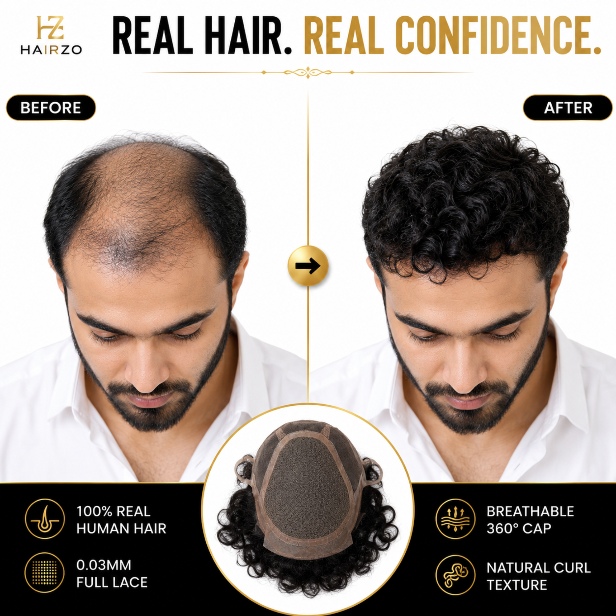 Hairzo Full Lace Skin Mesh Men's Full Wig | 100% Indian Remy Human Hair Wig with Adjustable Band | Breathable Full Coverage Hair Replacement System for Men